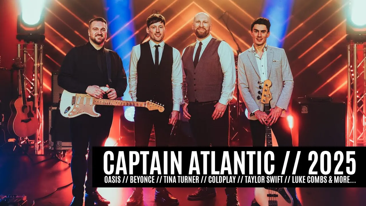 Four male musicians posing with guitars and bass in a stage setting with colorful lights, text overlay reads 'Captain Atlantic // 2025' and lists artists like Oasis, Beyonce, Tina Turner, Coldplay, Taylor Swift, Luke Combs.