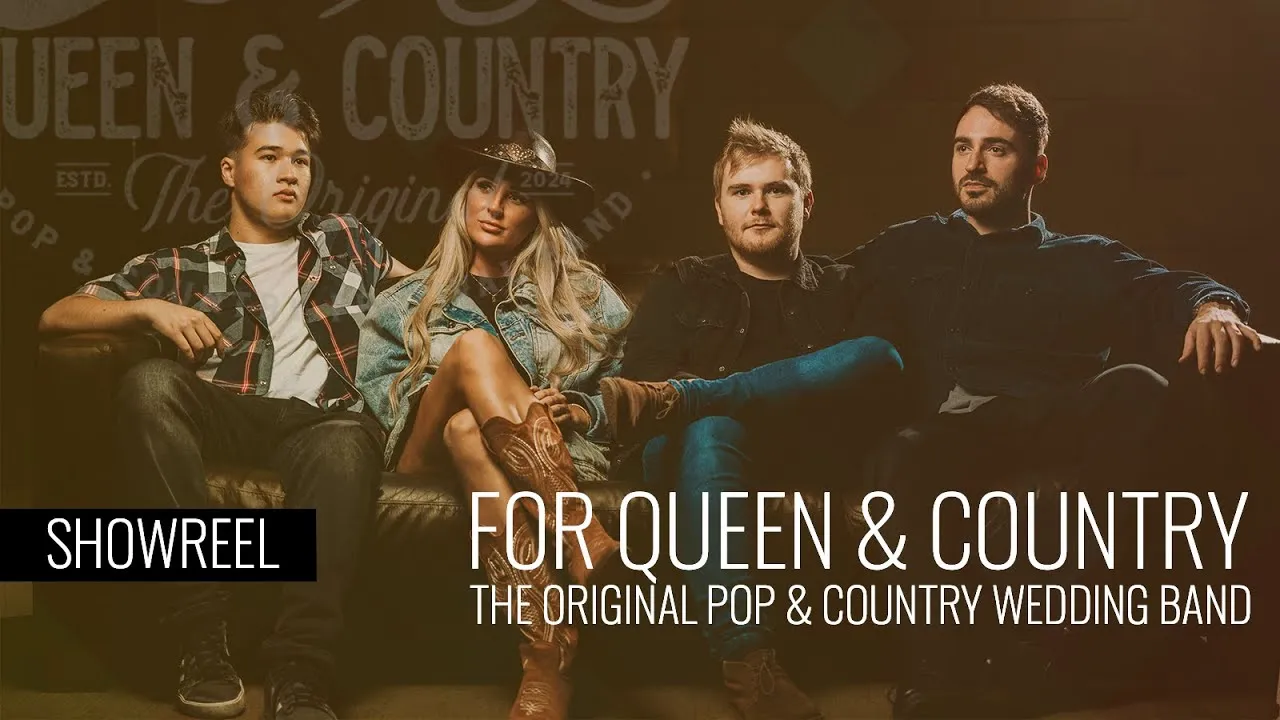 Four band members seated on a couch with text reading 'For Queen & Country, The Original Pop & Country Wedding Band'.