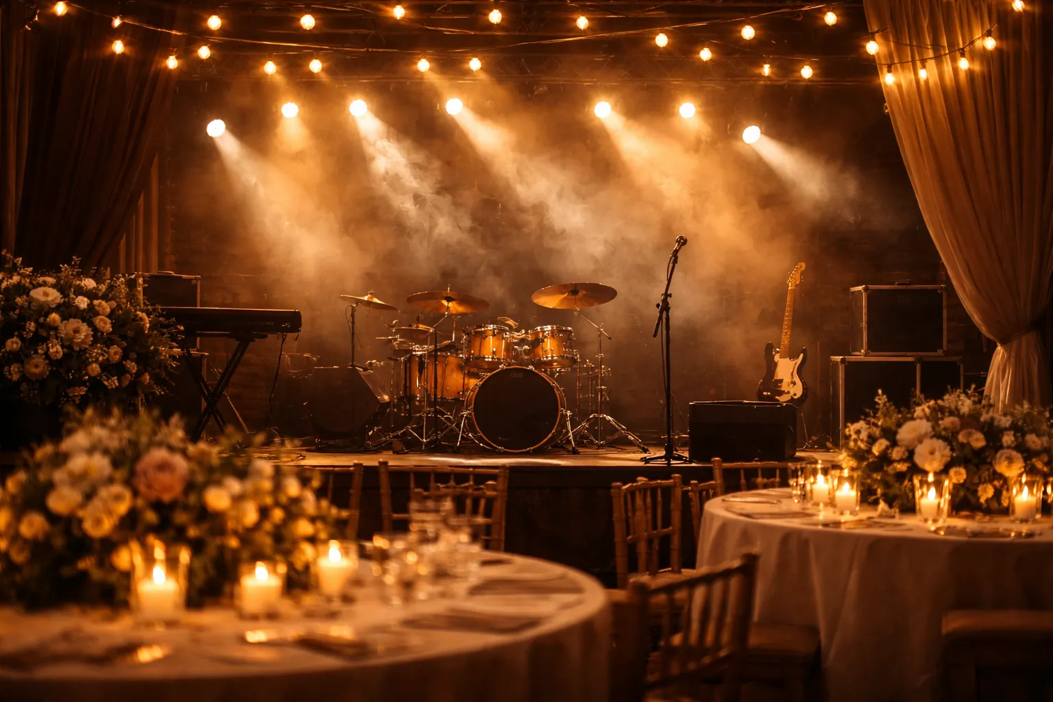 Wedding venue stage setup with drum set, guitar, microphone, string lights, and floral decorations on tables with candles.