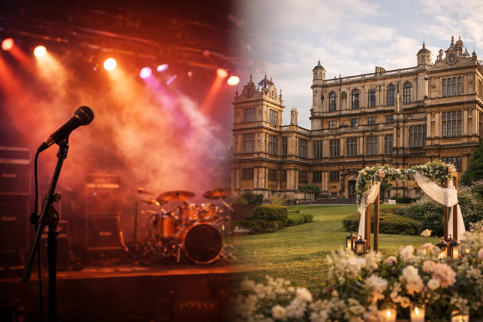 Split image of a stage with microphone and drums in warm lighting on the left, and an elegant outdoor wedding arch with flowers and a historic mansion in the background on the right.